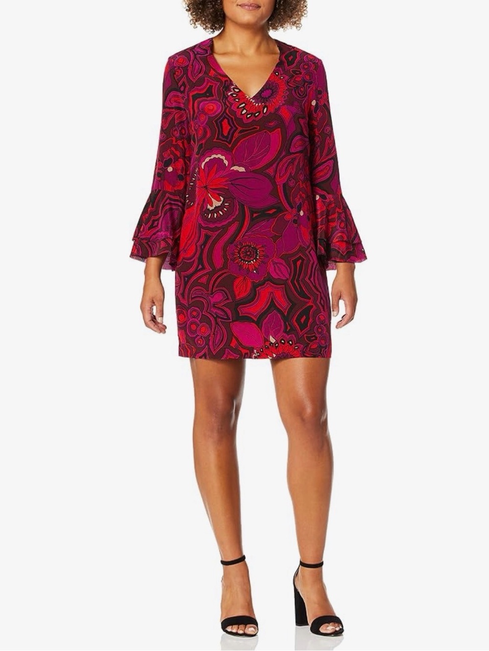 Trina Turk 100% Silk Magenta and Red Floral V-Neck Mini Dress Size XL